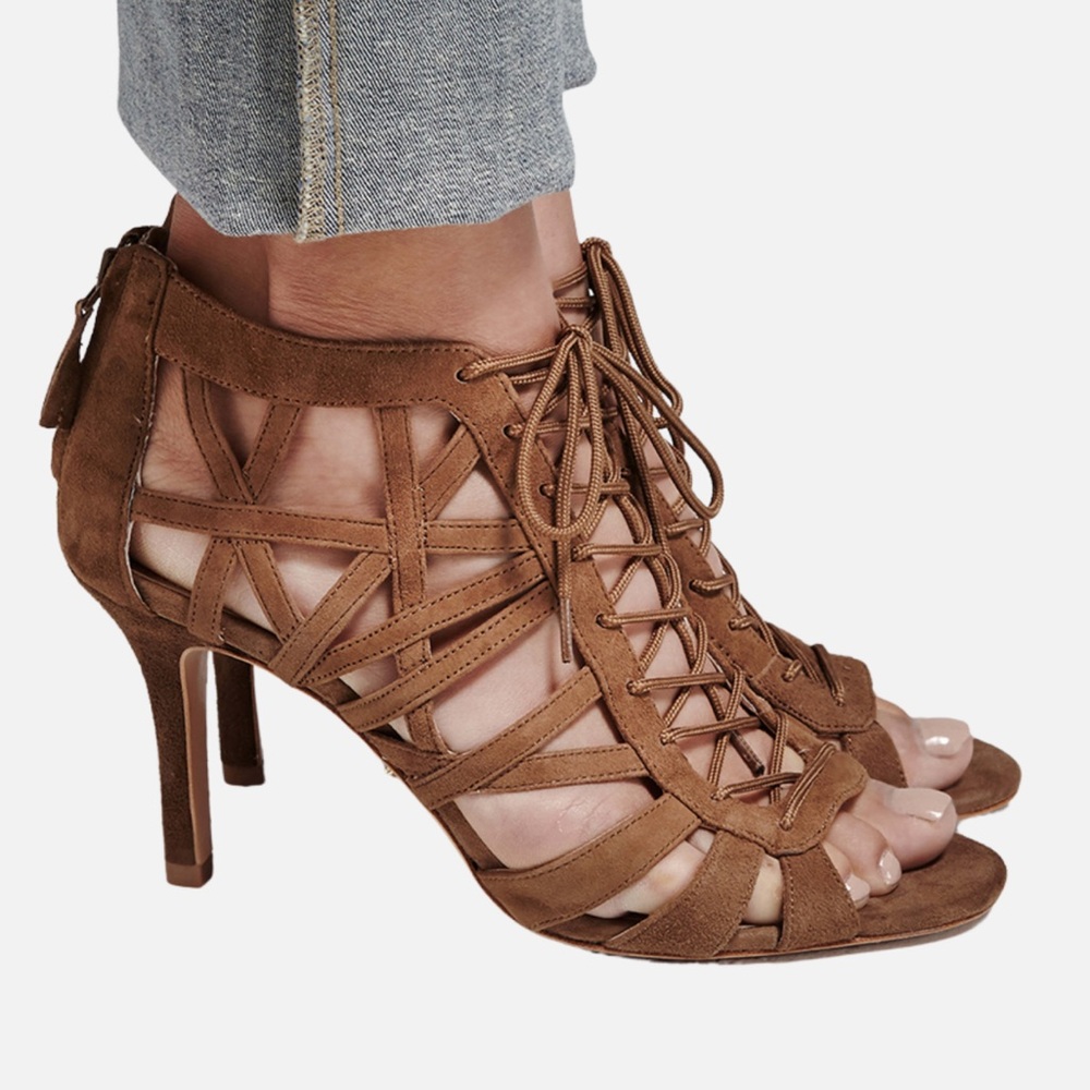 NWT Gray Saks 5th Ave Chiara Suede Brown Lace-Up Heeled Sandals sz 10